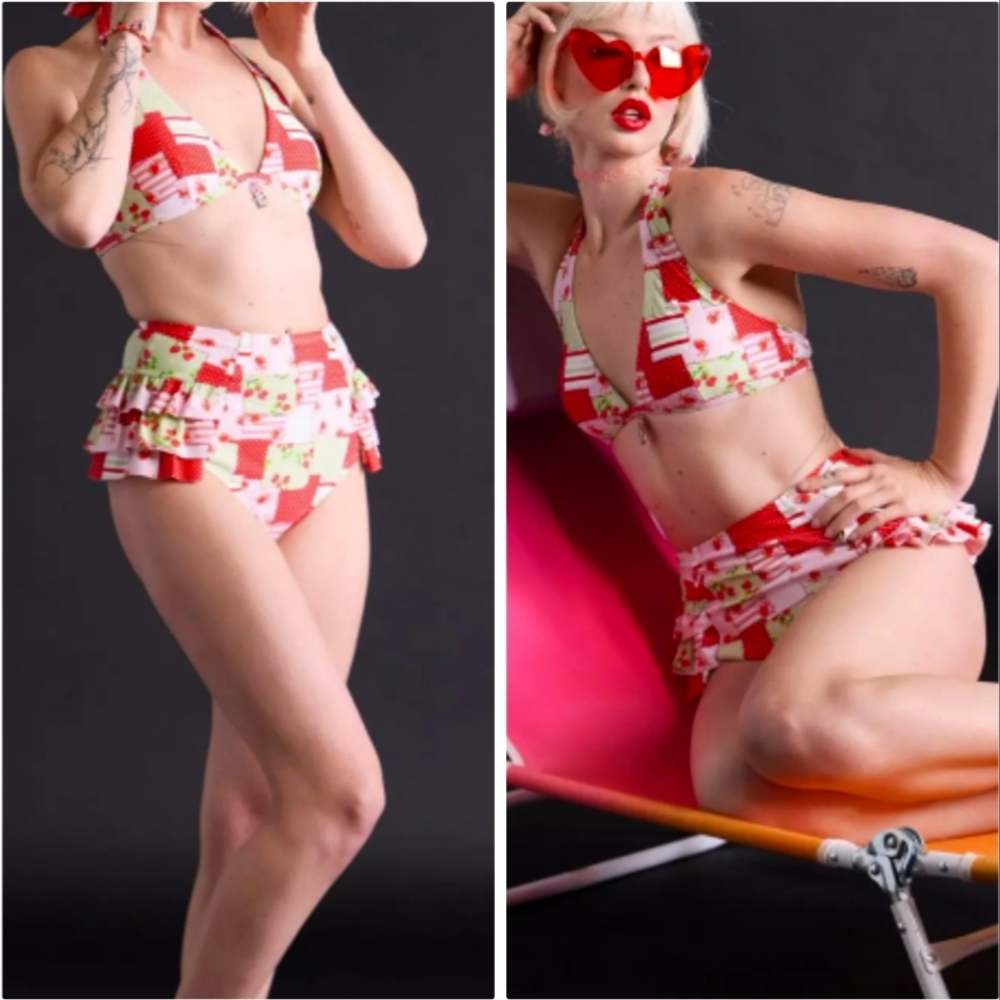 Strawberry Shortcake Patchwork High Waist Swim Bottoms Ruffles Polka Dots NWT